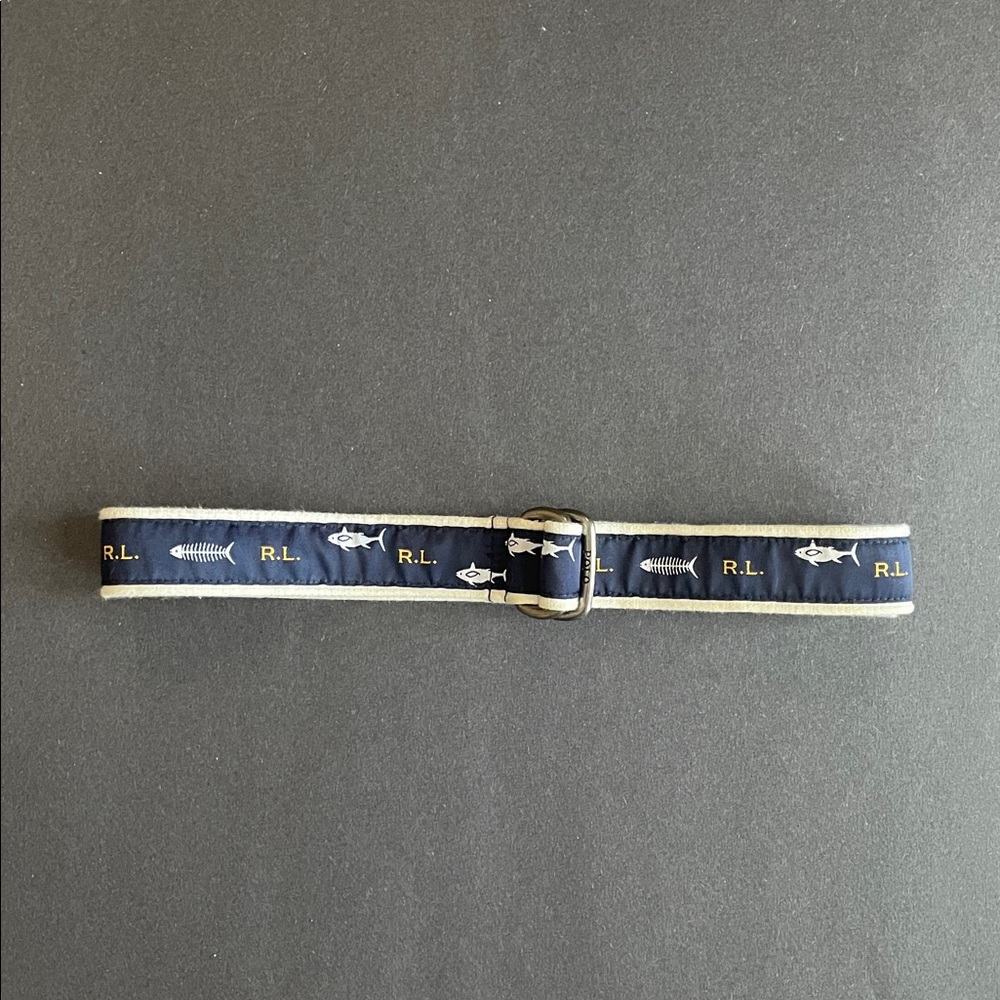 Ralph Lauren Polo Youth Belt Sharks Fish Bones Ribbon Double D Ring 33"